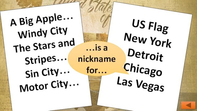 A Big Apple…Windy CityThe Stars and Stripes…Sin City…Motor City…US FlagNew YorkDetroitChicagoLas Vegas…is a nickname for…