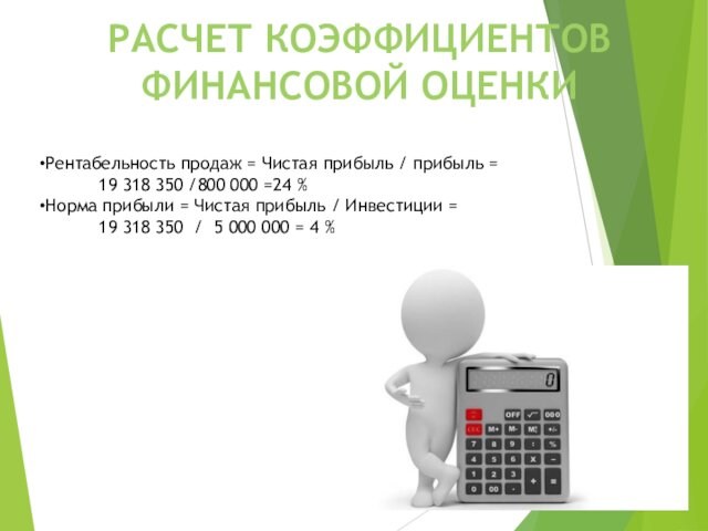 РАСЧЕТ КОЭФФИЦИЕНТОВ ФИНАНСОВОЙ ОЦЕНКИРентабельность продаж = Чистая прибыль / прибыль =   19 318