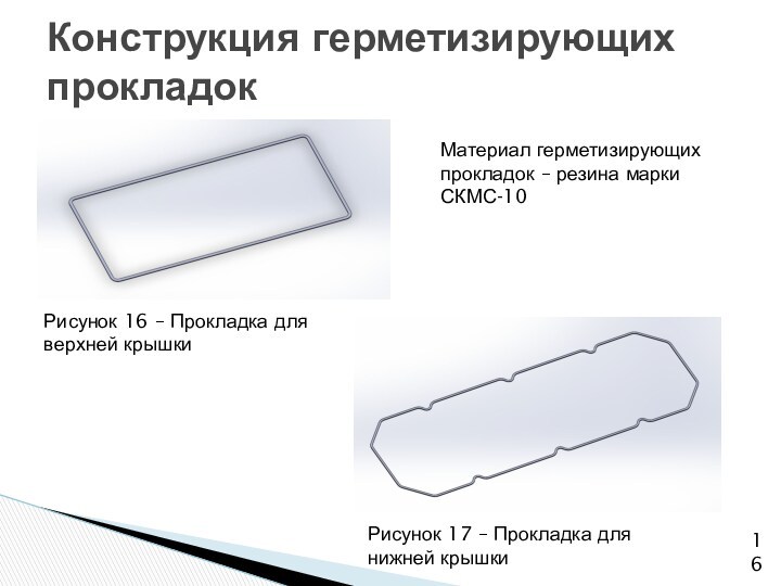 Конструкция герметизирующих прокладокМатериал герметизирующих прокладок – резина марки СКМС-10Рисунок 16 – Прокладка для верхней крышкиРисунок