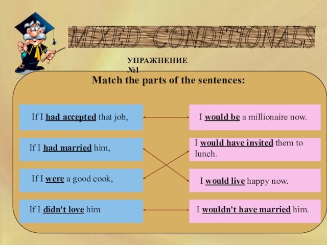 MIXED CONDITIONALS    УПРАЖНЕНИЕ №1Match the parts of the sentences:If I had accepted that job, I