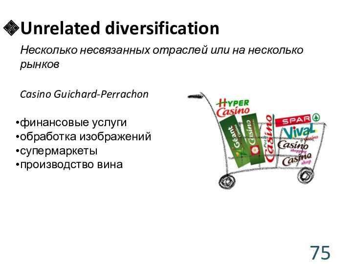 Unrelated diversificationНесколько несвязанных отраслей или на несколько рынковCasino Guichard-Perrachon финансовые услугиобработка изображенийсупермаркетыпроизводство вина