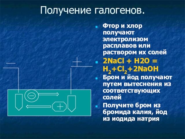 Получение галогенов.Фтор и хлор получают электролизом расплавов или раствором их солей2NaCl + H2O = H2+Cl2+2NaOHБром