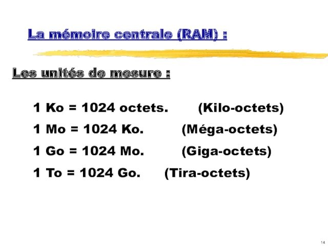 La mémoire centrale (RAM) :1 Ko = 1024 octets.  (Kilo-octets)1 Mo = 1024 Ko.