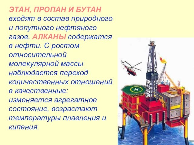 ЭТАН, ПРОПАН И БУТАН входят в состав природного и попутного нефтяного газов. АЛКАНЫ содержатся в