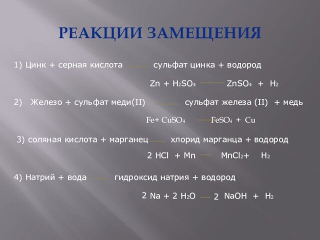 РЕАКЦИИ ЗАМЕЩЕНИЯ1) Цинк + серная кислота   сульфат цинка + водородZn + H2SO4