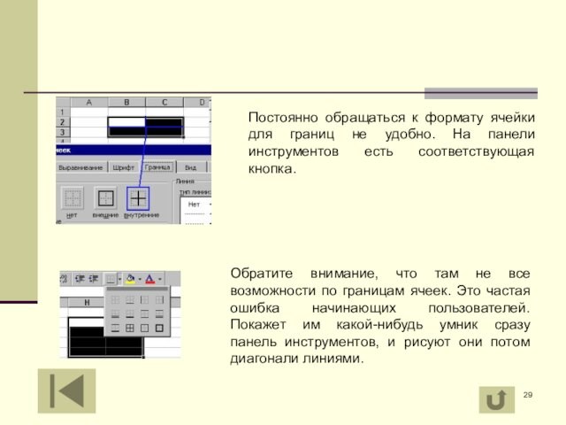 Постоянно обращаться к формату ячейки для границ не удобно. На панели инструментов есть соответствующая кнопка.