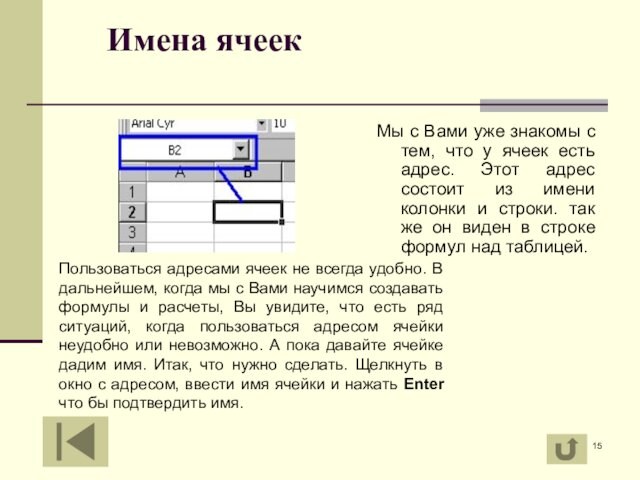 Имена ячеек
 Мы с Вами уже знакомы с тем, что у ячеек есть адрес. Этот