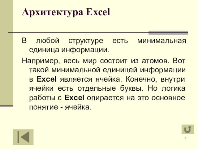 Архитектура Excel
 В любой структуре есть минимальная единица информации. Например, весь мир состоит из атомов.