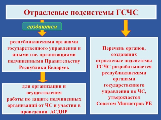 Отраслевые подсистемы ГСЧСсоздаютсяреспубликанскими органами государственного управления и иными гос. организациями подчиненными Правительству Республики Беларусьдля организации