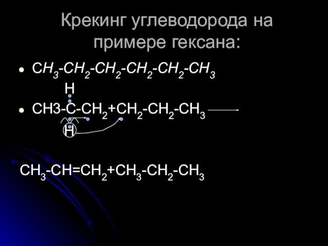 Крекинг углеводорода на примере гексана:СH3-CH2-CH2-CH2-CH2-CH3   HCH3-C-CH2+CH2-CH2-CH3   CH3-CH=CH2+CH3-CH2-CH3
