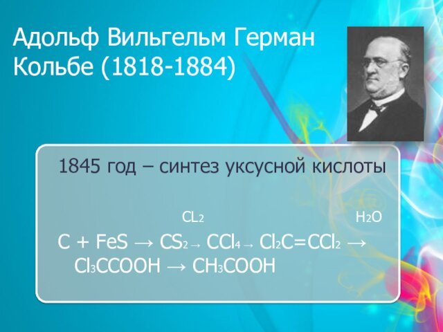 Адольф Вильгельм Герман Кольбе (1818-1884)1845 год – синтез уксусной кислоты