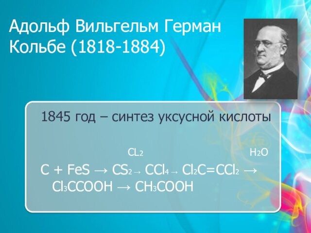 Адольф Вильгельм Герман Кольбе (1818-1884) 1845 год – синтез уксусной кислоты