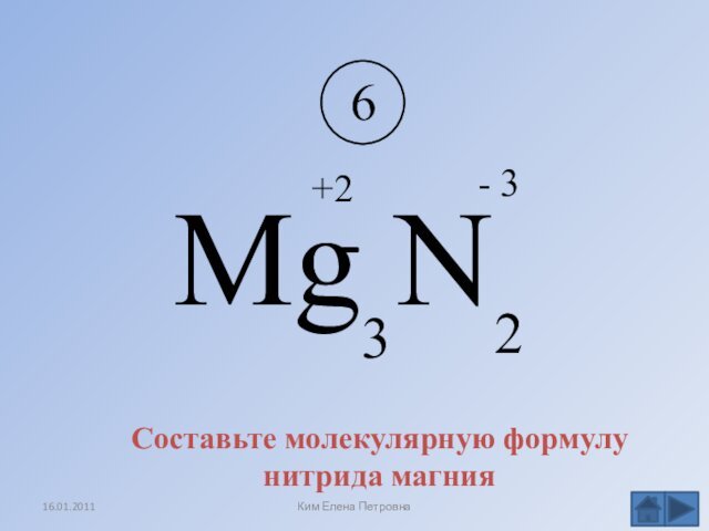 MgN326+2- 3Составьте молекулярную формулунитрида магнияКим Елена Петровна