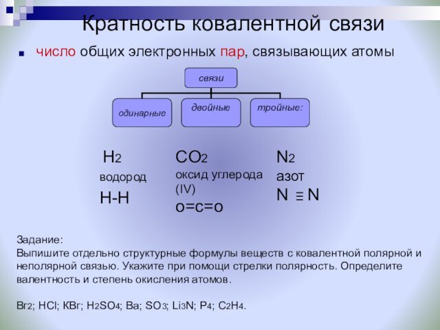 Кратность ковалентной связичисло общих электронных пар, связывающих атомыCO2	оксид углерода (IV)о=с=о	N2 азотN  N H2 водородH-HЗадание: Выпишите