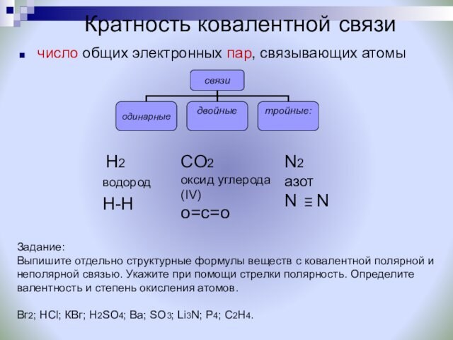 Кратность ковалентной связичисло общих электронных пар, связывающих атомыCO2	оксид углерода (IV)о=с=о	N2 азотN N H2 водородH-HЗадание: Выпишите