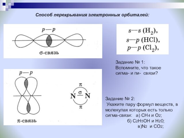 Способ перекрывания электронных орбиталей:Задание № 1: Вспомните, что такое сигма- и пи- связи?Задание № 2:
