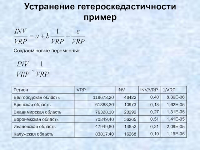 Устранение гетероскедастичности
 пример
 Создаем новые переменные