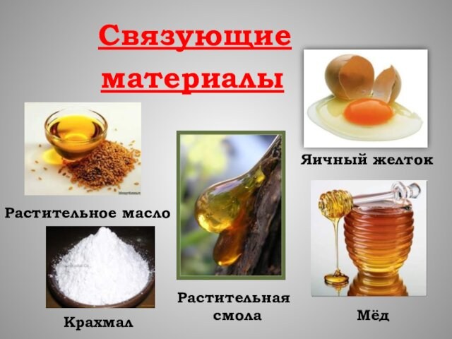 Связующие  материалы  Яичный желток Мёд Растительная   смолаРастительное масло