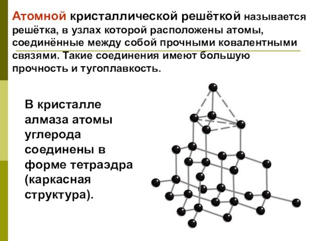 Атомной кристаллической решёткой называется решётка, в узлах которой расположены атомы, соединённые между