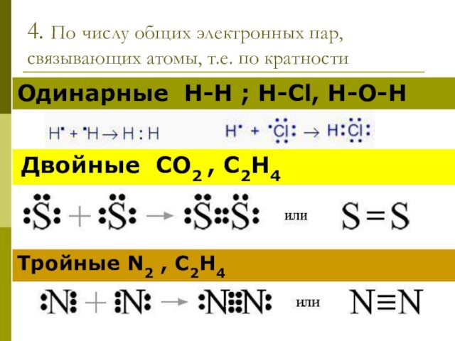 4. По числу общих электронных пар, связывающих атомы, т.е. по кратностиОдинарные Н-Н ; H-Cl, H-O-H