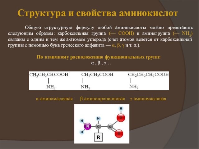 Структура и свойства аминокислот  Общую структурную формулу любой аминокислоты можно представить следующим образом: карбоксильная