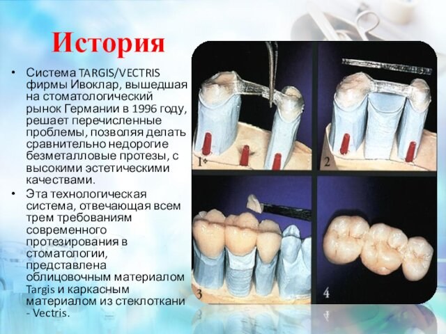 Система TARGIS/VECTRIS фирмы Ивоклар, вышедшая на стоматологический рынок Германии в 1996 году, решает перечисленные проблемы,