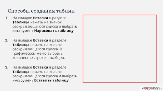 Способы создания таблиц:На вкладке Вставка в разделе Таблицы нажать на значок раскрывающегося списка и выбрать