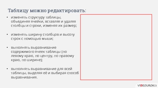 Таблицу можно редактировать:изменять структуру таблицы, объединяя ячейки, вставляя и удаляя столбцы и строки, изменяя их