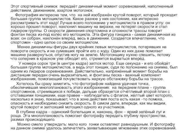 Этот спортивный снимок передаёт динамичный момент соревнований, наполненный действием, движением, азартом мотогонок.