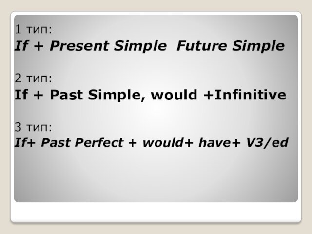 1 тип:If + Present Simple Future Simple2 тип:If + Past Simple, would