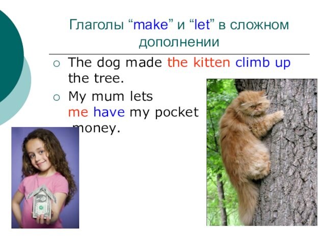 Глаголы “make” и “let” в сложном дополненииThe dog made the kitten climb up the tree.My