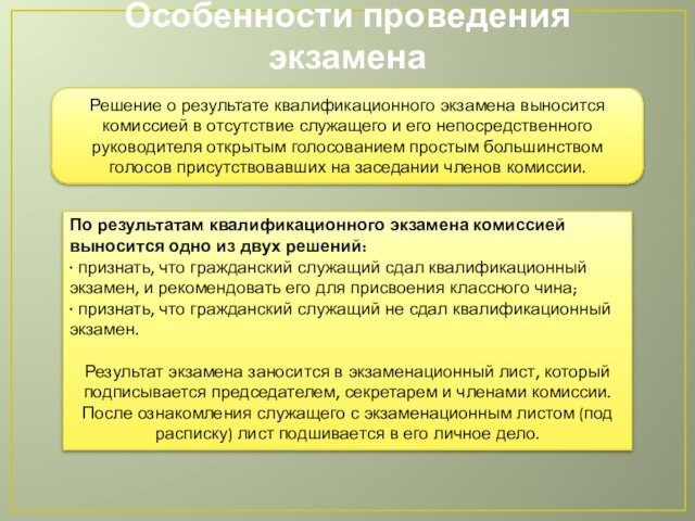 Особенности проведения экзаменаПо результатам квалификационного экзамена комиссией выносится одно из двух решений:· признать, что гражданский