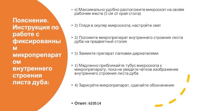 Пояснение.
 Инструкция по работе с фиксированным микропрепаратом внутреннего строения листа дуба:
 6) Максимально удобно расположите