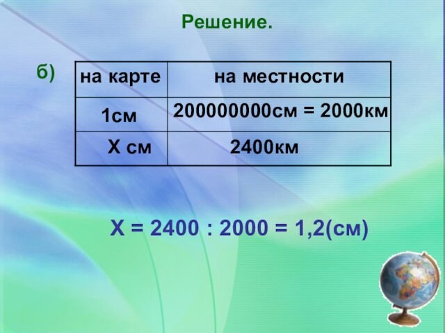Решение.б)Х = 2400 : 2000 = 1,2(см)1смХ см200000000см = 2000км2400км