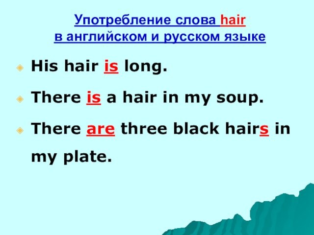 Употребление слова hair в английском и русском языке His hair is long. There is a