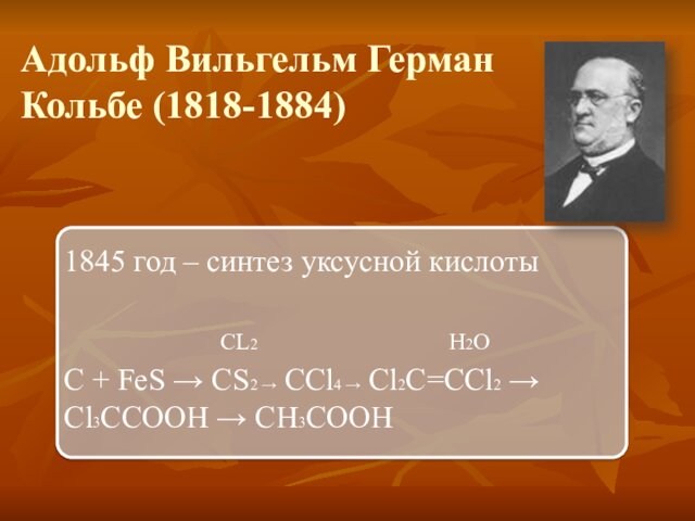 Адольф Вильгельм Герман  Кольбе (1818-1884)1845 год – синтез уксусной кислоты