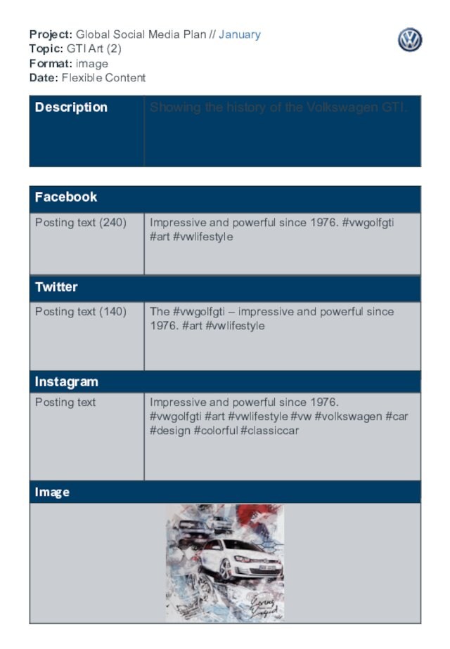 Project: Global Social Media Plan // January Topic: GTI Art (2) Format: image Date: Flexible