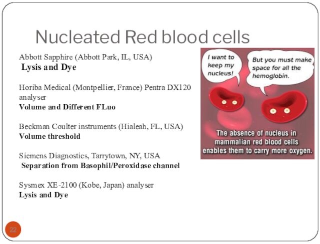 Nucleated Red blood cellsAbbott Sapphire (Abbott Park, IL, USA)  Lysis and DyeHoriba Medical (Montpellier,