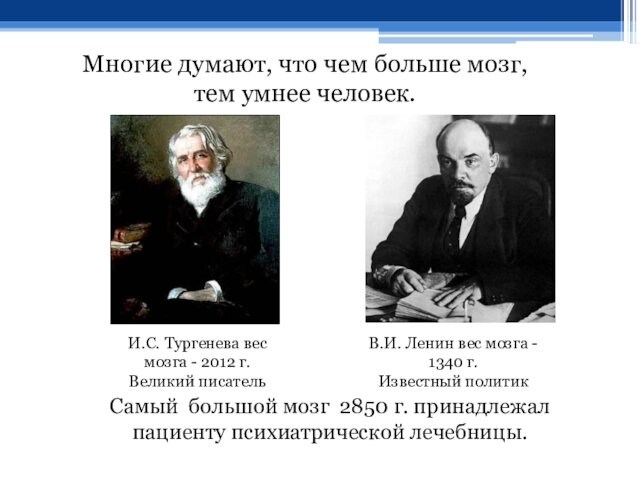 И.С. Тургенева вес мозга - 2012 г.Великий писательВ.И. Ленин вес мозга - 1340 г.Известный политикМногие