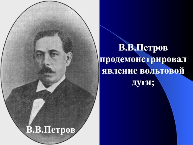 В.В.Петров продемонстрировал явление вольтовой дуги; В.В.Петров
