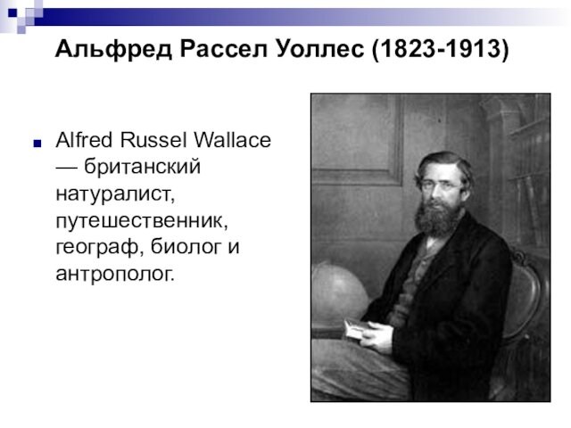 Альфред Рассел Уоллес (1823-1913)Alfred Russel Wallace — британский натуралист, путешественник, географ, биолог и антрополог.