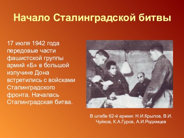 Начало Сталинградской битвы 17 июля 1942 года передовые части фашистской группы армий «Б» в большой