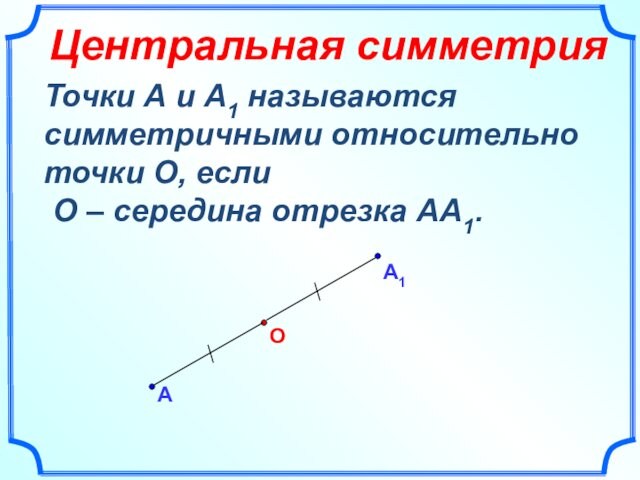 АОТочки А и А1 называются симметричными относительно точки О, если О – середина отрезка АА1.Центральная симметрия