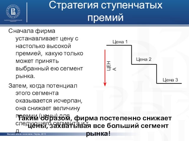 Высшая школа экономики, Пермь, 2013Стратегия ступенчатых премийСначала фирма устанавливает цену с настолько высокой премией, какую