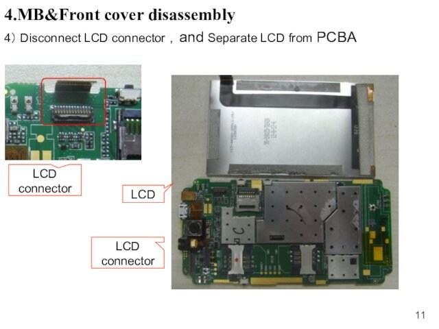 4.MB&Front cover disassembly 4） Disconnect LCD connector ，and Separate LCD from PCBA LCD connector LCD
