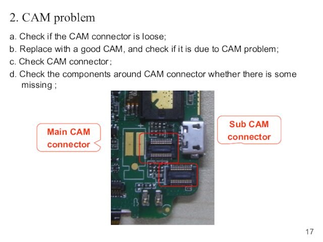 2. CAM problem a. Check if the CAM connector is loose; b. Replace with a