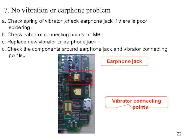 7. No vibration or earphone problem a. Check spring of vibrator ,check earphone jack if