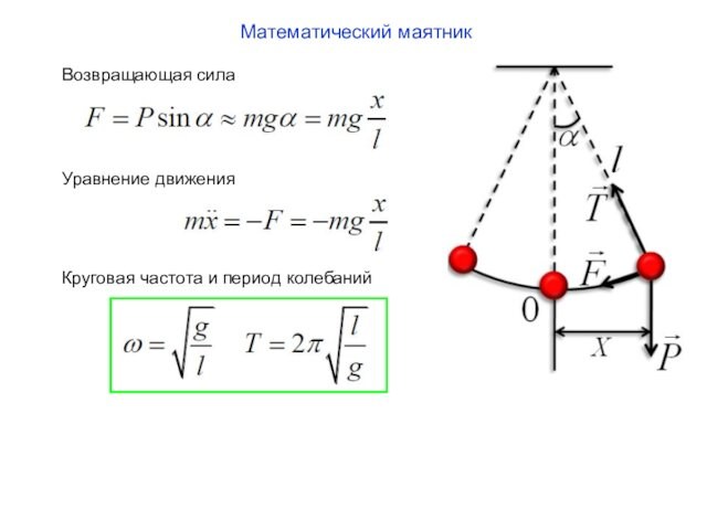 Математический маятник Возвращающая сила  Уравнение движения Круговая частота и период колебаний