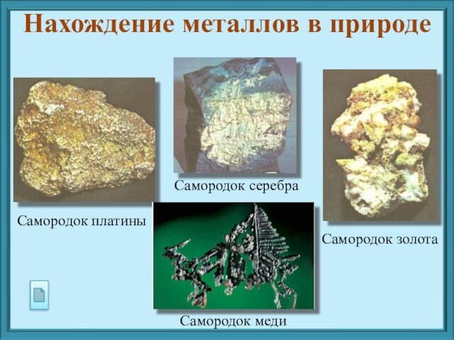 Самородок платиныСамородок серебраСамородок золотаСамородок медиНахождение металлов в природе