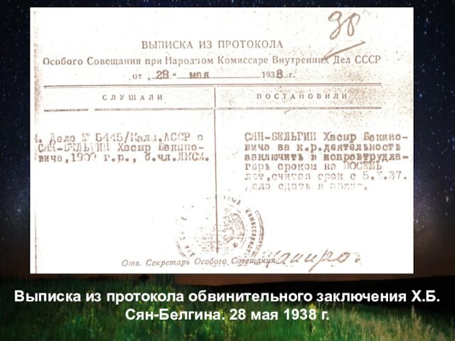 Выписка из протокола обвинительного заключения Х.Б.Сян-Белгина. 28 мая 1938 г.
